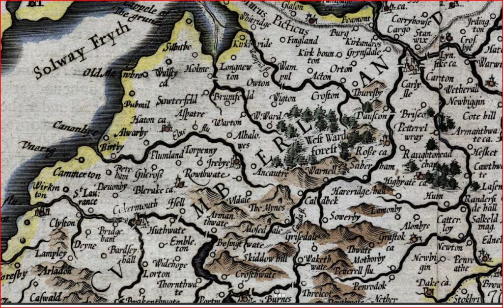 1636 Cumberland map Mercator Cockermouth area no towers