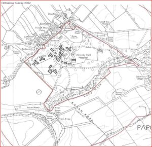 2001 Dovenby Map showing hospital paths village entrances Pele Tower parkland